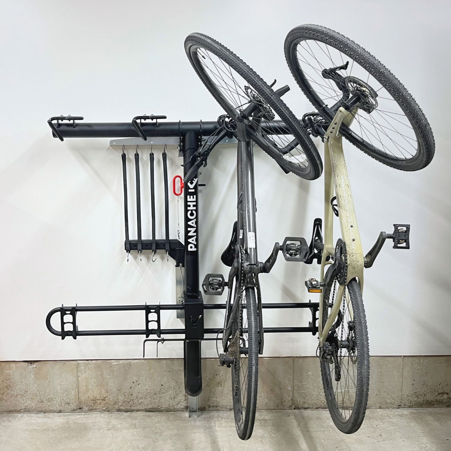 panache rack rakarack wall mount for panache rack vertical bike racks  installed on wall with bike rack and bikes
