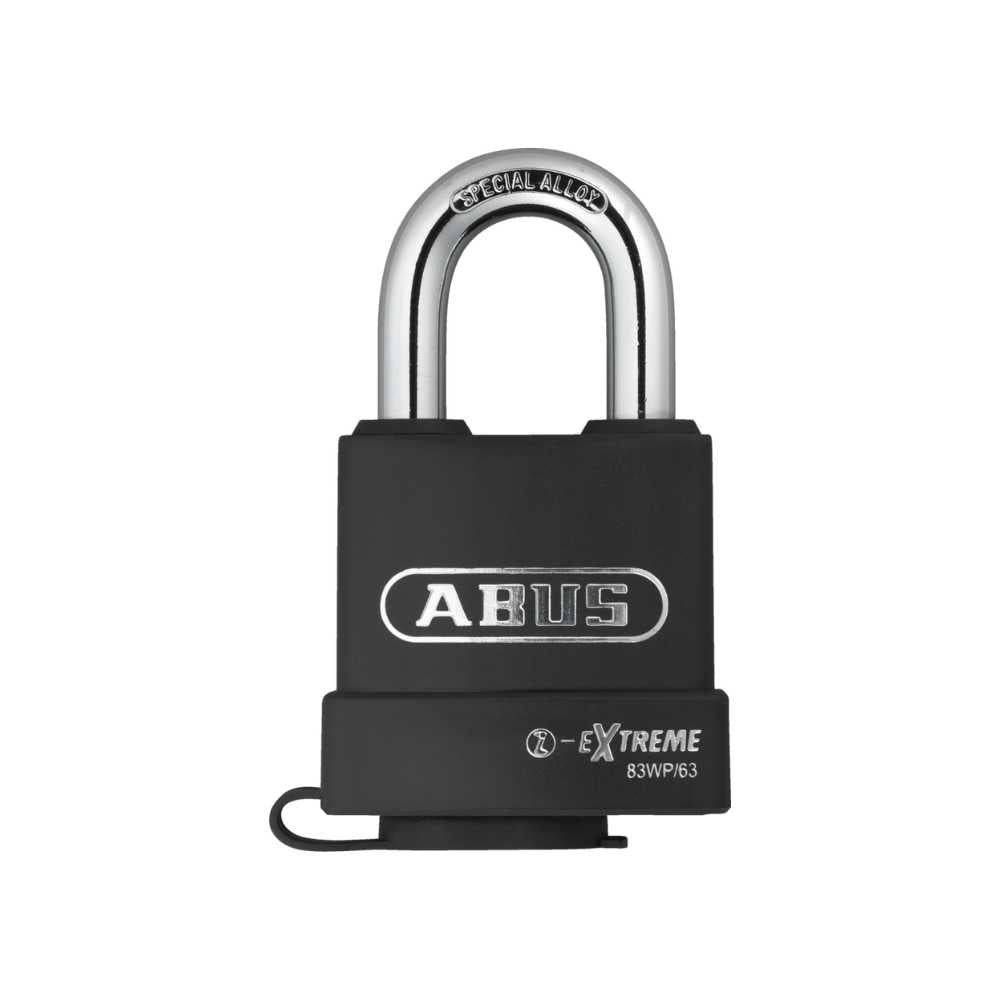 Abus X-Treme Weather 83WP/63 Padlock – High-security, weather-resistant padlock with a durable black and silver body. Designed for extreme outdoor conditions, featuring a corrosion-resistant coating and protective cover for long-lasting security.